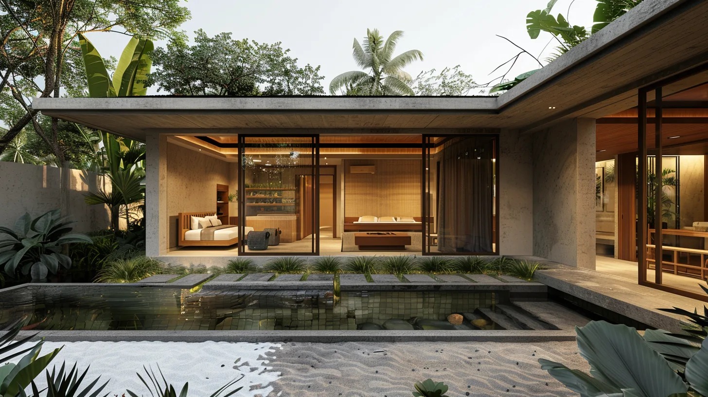 Extérieur de villa 1 chambre style japandi avec piscine à Bali par Genesis