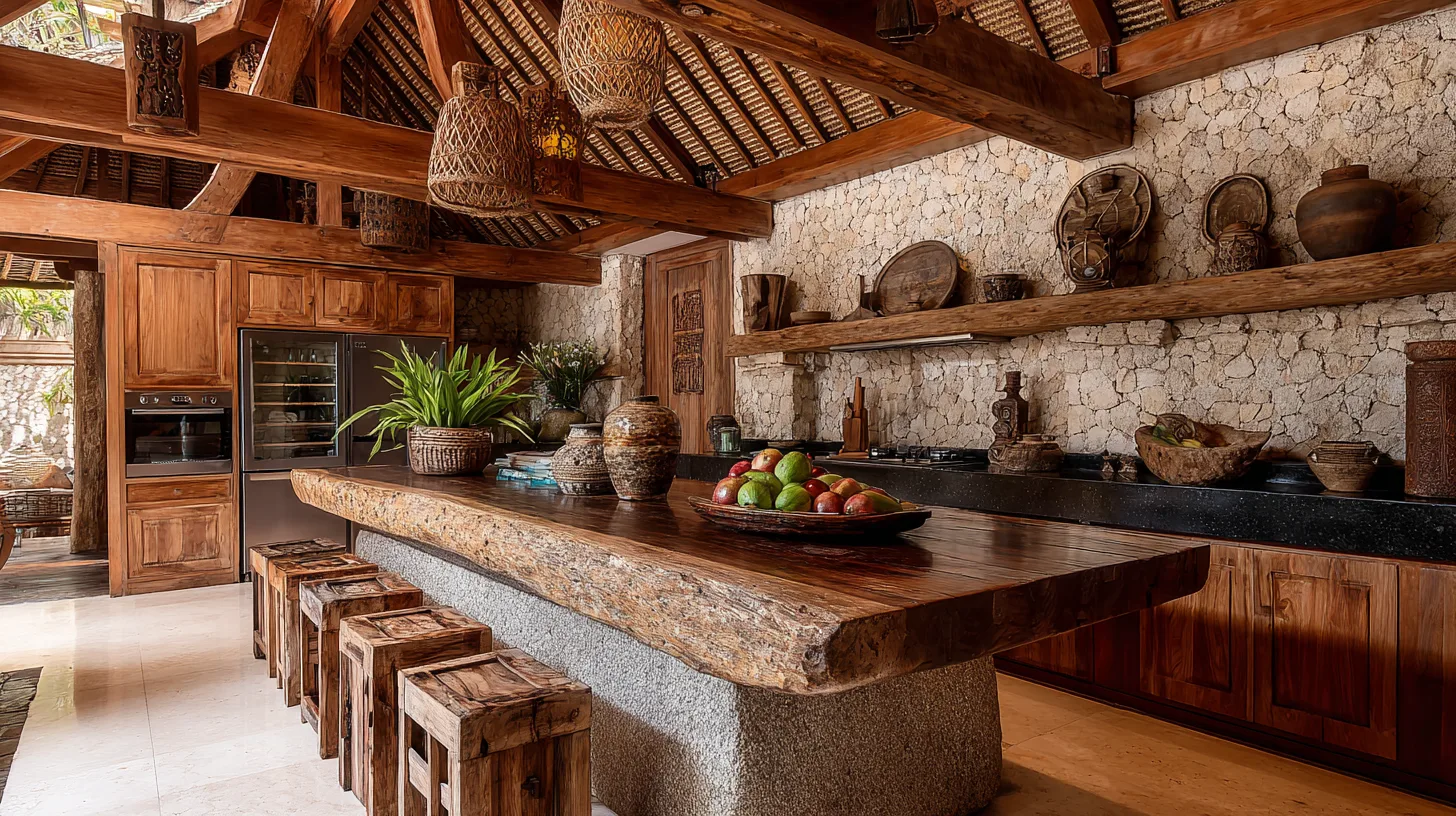 Cuisine entièrement équipée avec îlot style balinais traditionnel dans une villa de luxe à Bali par Genesis
