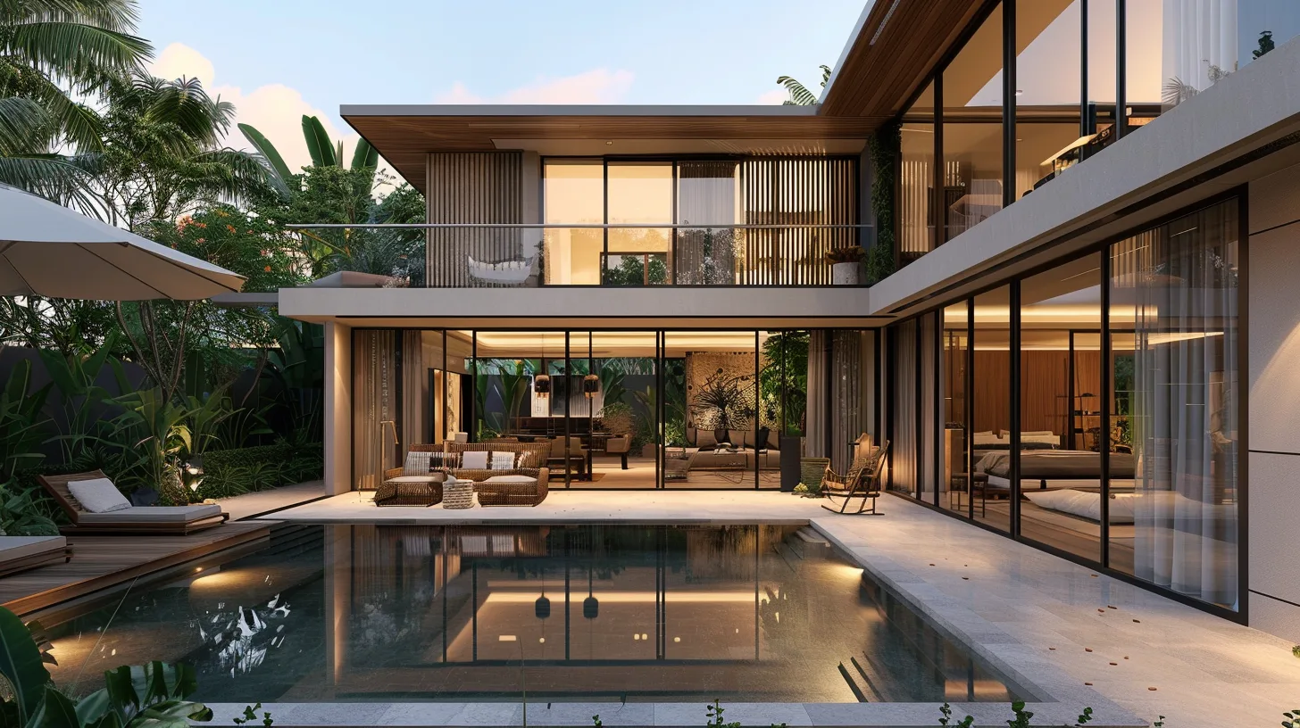 Extérieur de villa 3 chambres style japandi avec aménagement paysager à Bali par Genesis