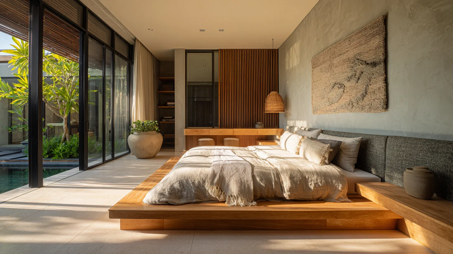 Chambre style japandi avec décoration intérieure soignée dans une villa de luxe à Bali par Genesis