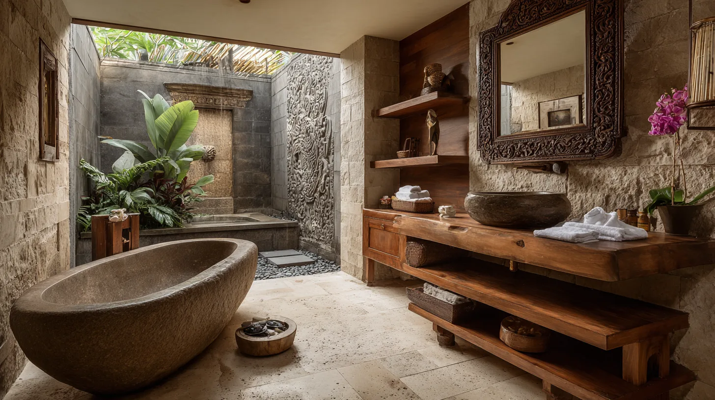 Salle de bain style balinais traditionnel avec finitions design dans une villa de luxe à Bali par Genesis