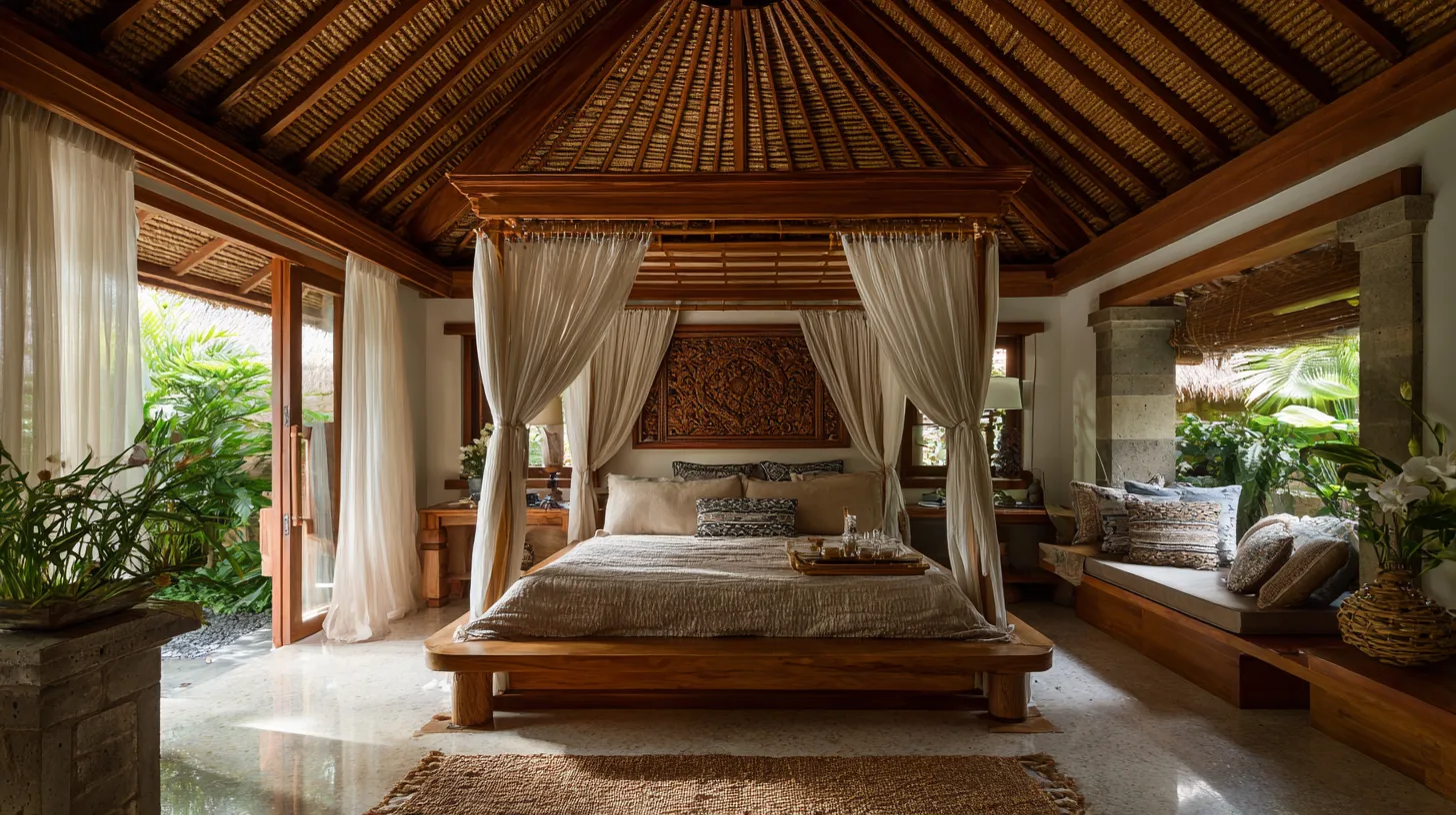 Chambre style balinais traditionnel avec décoration intérieure soignée dans une villa de luxe à Bali par Genesis