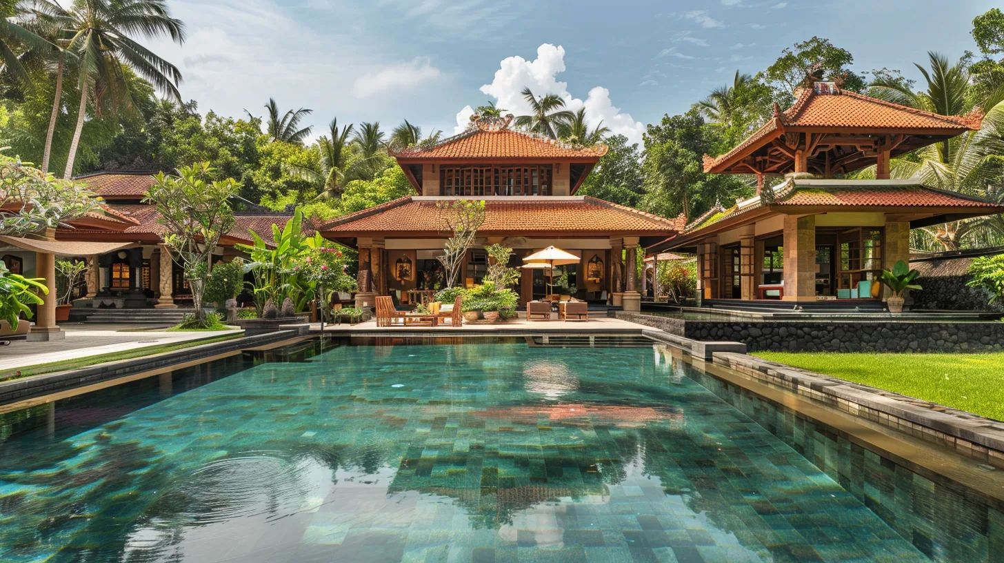 Extérieur de domaine 6 chambres style balinais traditionnel avec piscine et jardins à Bali par Genesis