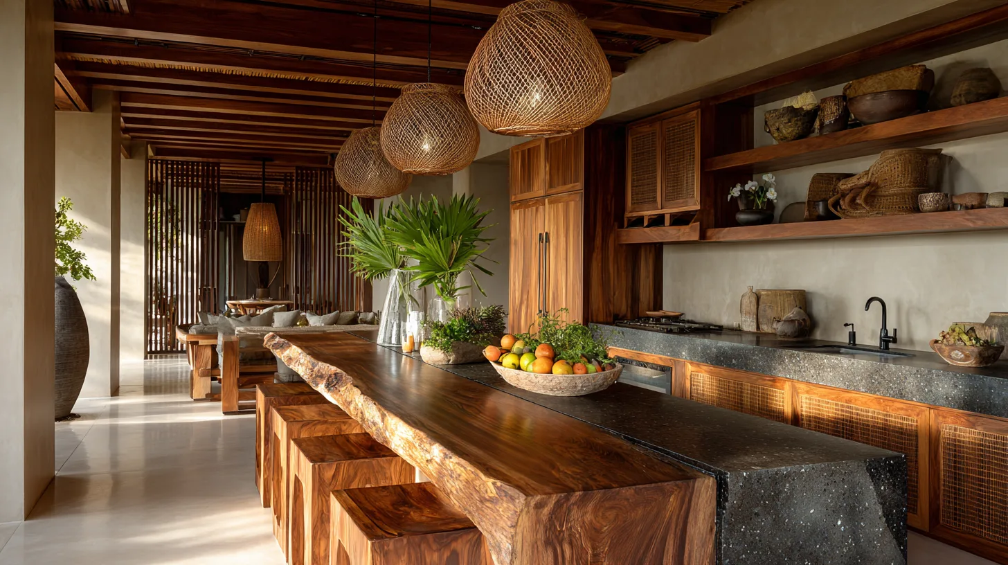 Cuisine entièrement équipée avec îlot style tropical moderne dans une villa de luxe à Bali par Genesis