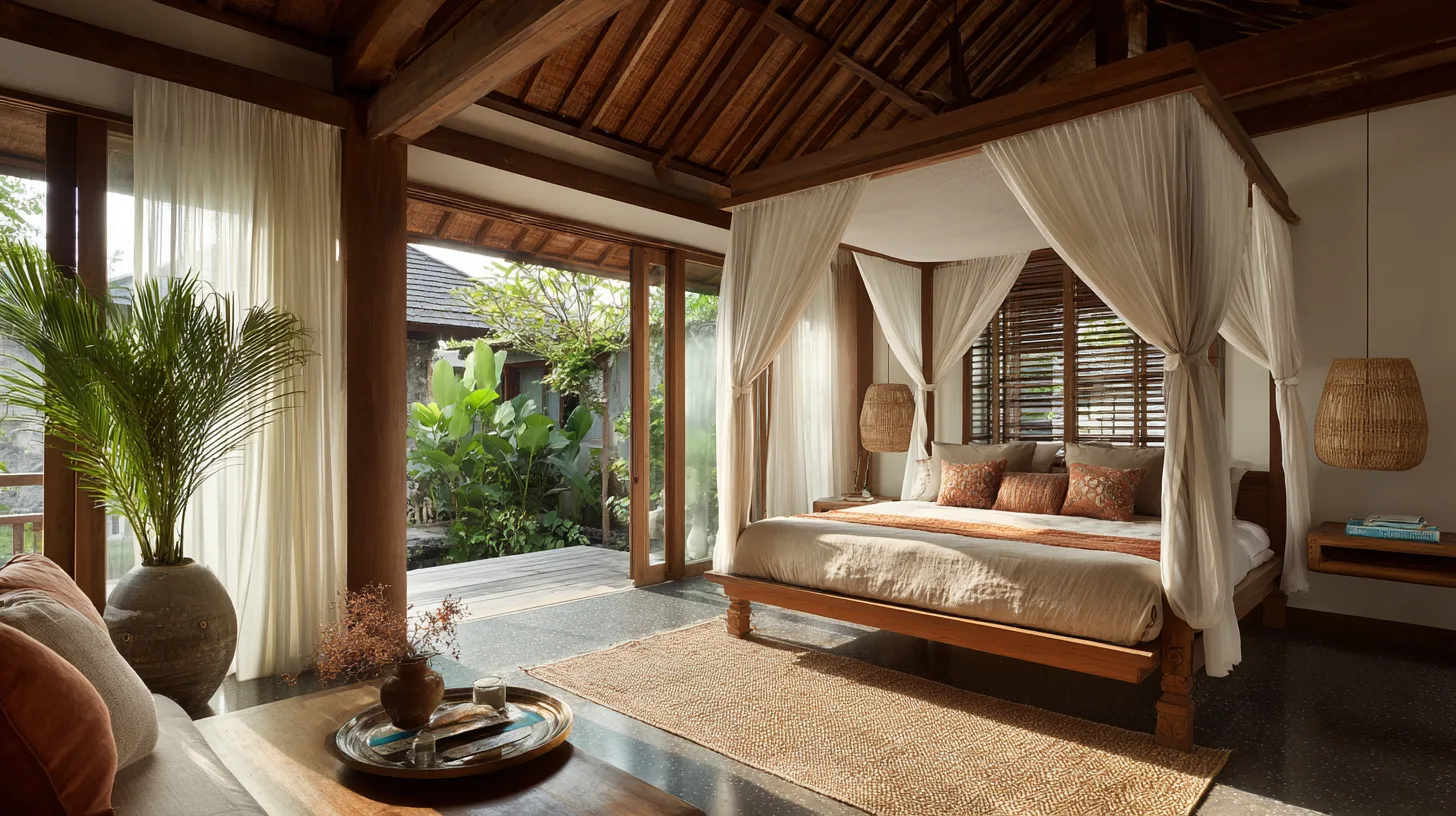 Chambre style tropical moderne avec décoration intérieure soignée dans une villa de luxe à Bali par Genesis