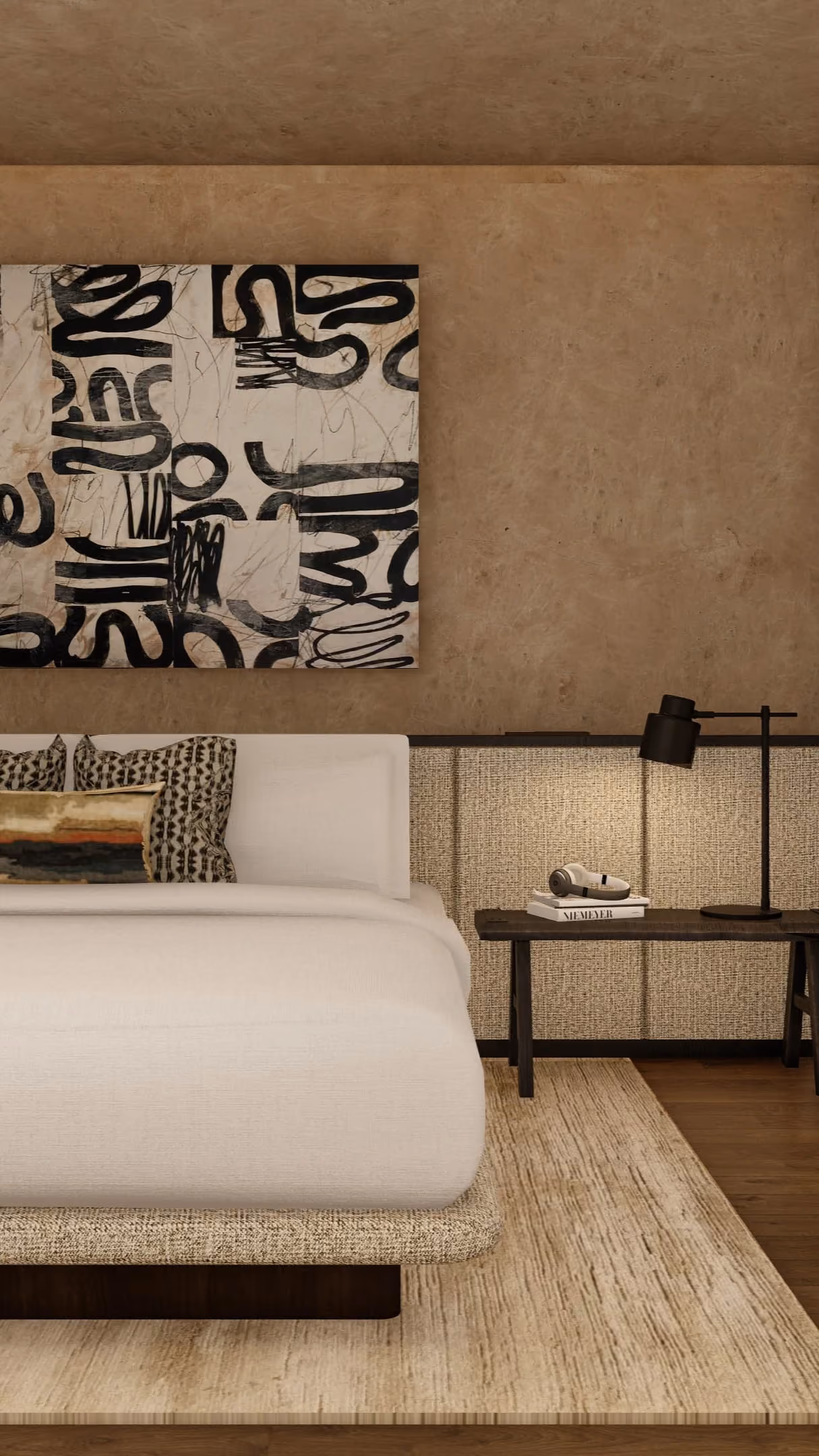 Chambre moderne avec art abstrait et design intérieur tons terre dans une villa à Bali