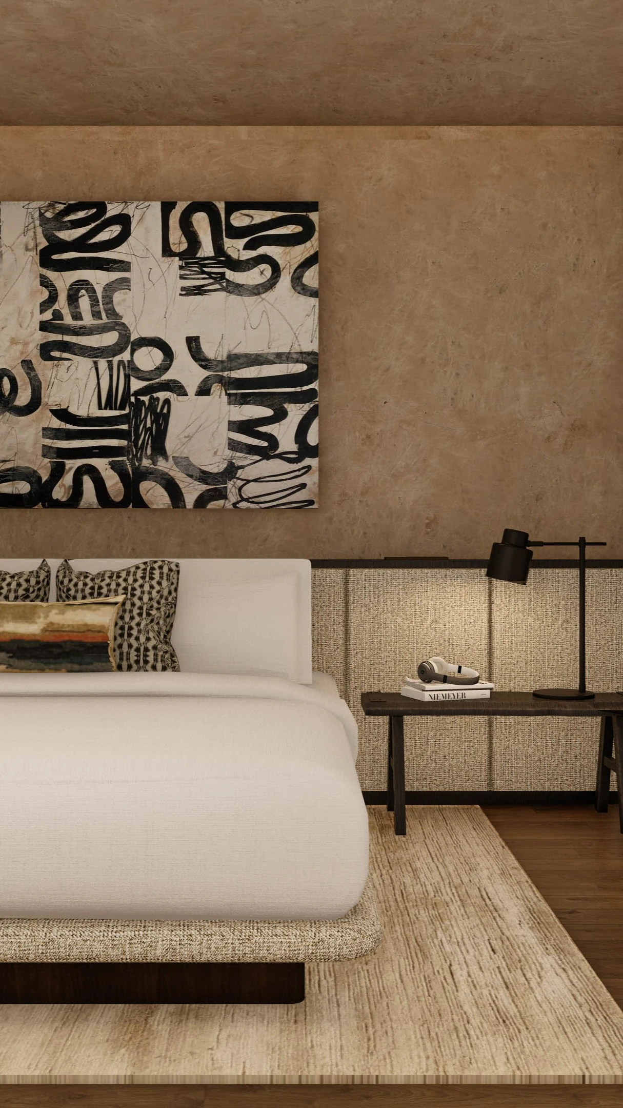 Chambre moderne avec art abstrait et design intérieur tons terre dans une villa à Bali