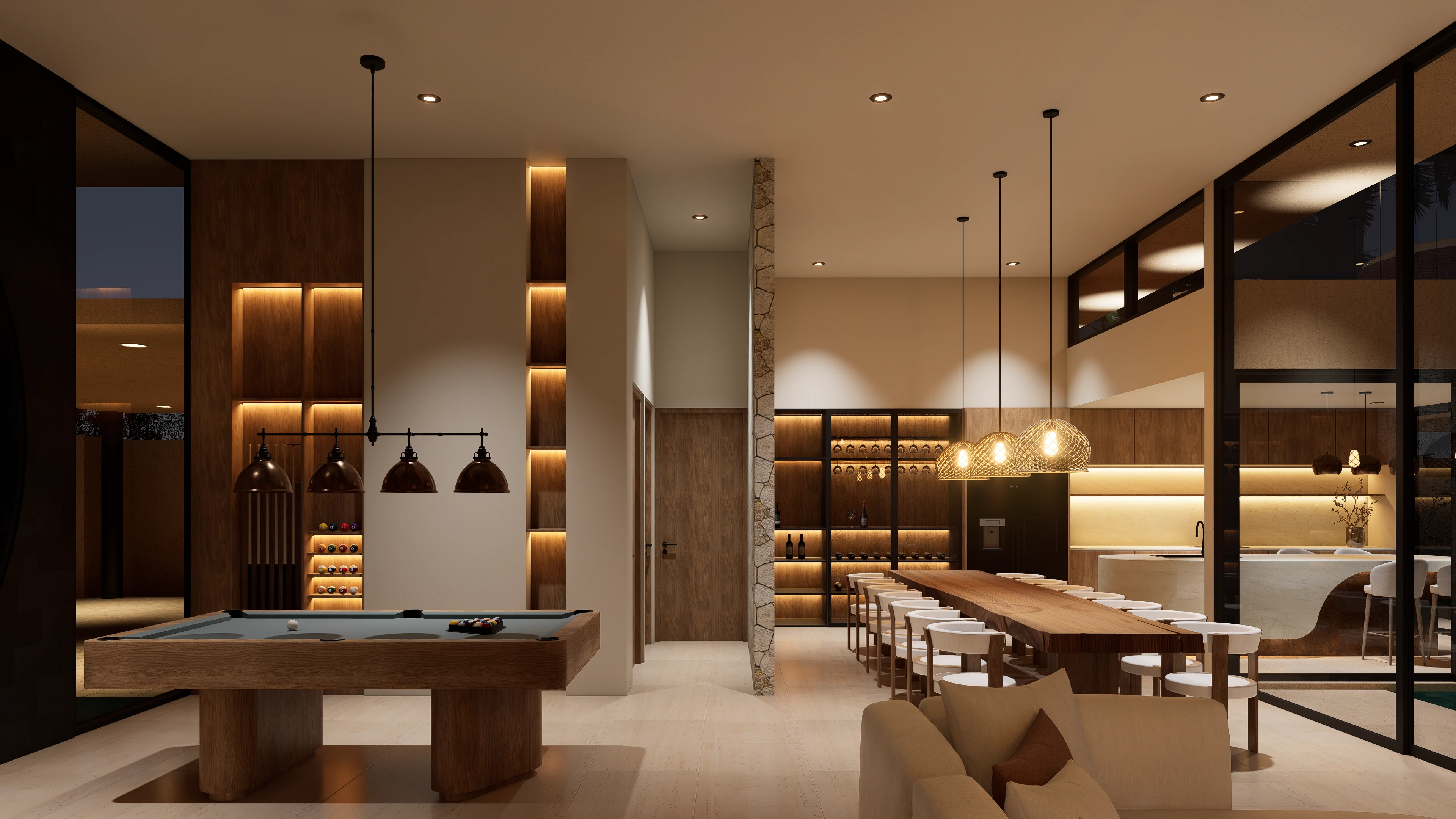 Salon billard et espace lounge de la villa de luxe Cliffside