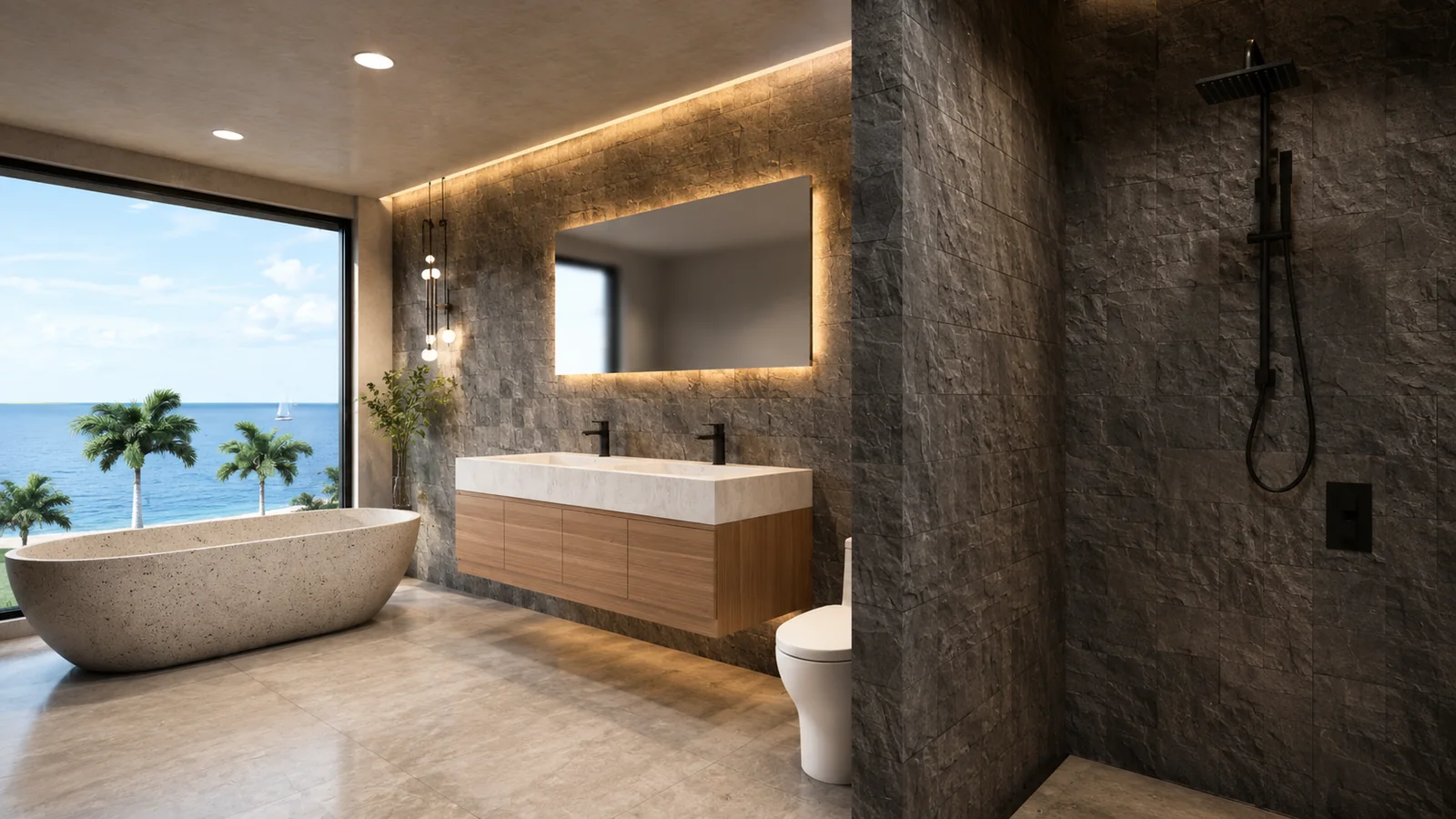 Lombok Elyes Villa · bathroom with bathtub and sea view