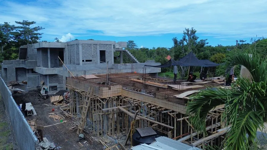 Aerial view of the Kusa Villas build in Uluwatu, structure under construction on the Bukit peninsula