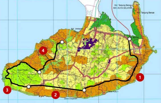 Map of the Bali South Ring Road route on the Bukit peninsula, from segment 1 near Nusa Dua to segment 4 between Uluwatu and Jimbaran