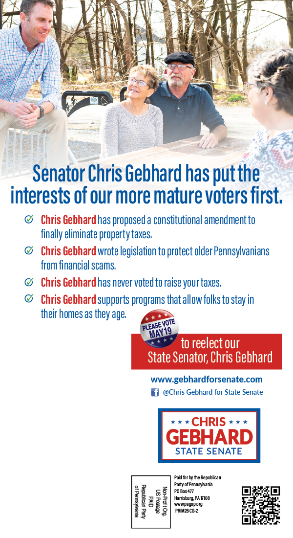 Senator Chris Gebhard talking with three older adults seated outdoors at a wooden table, alongside text highlighting his efforts to support mature voters by proposing to eliminate property taxes, protect older Pennsylvanians from scams, opposing tax increases, and supporting aging in place programs.