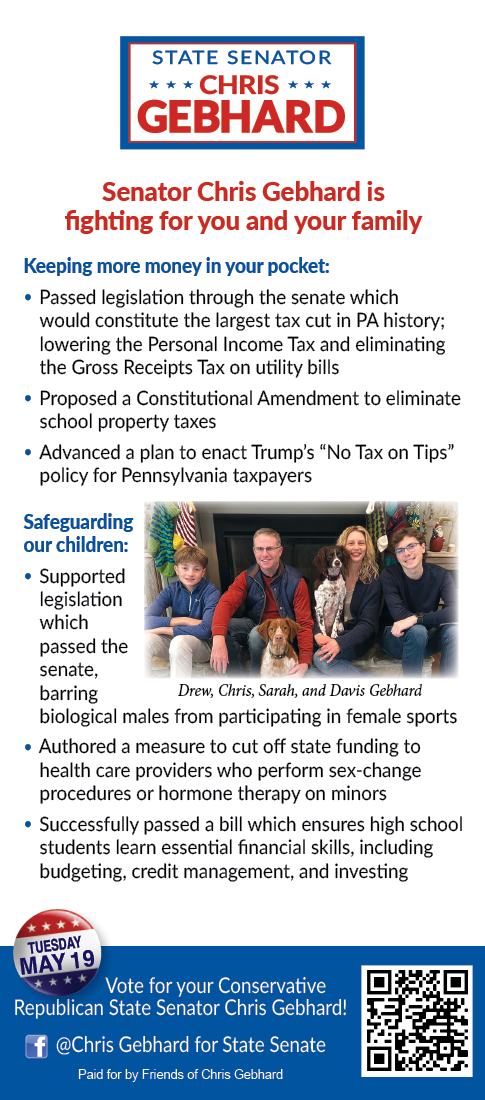 Back of palm card for State Senator Chris Gebhard outlining his achievements on tax cuts, safeguarding children, and financial education, with a photo of Drew, Chris, Sarah, and Davis Gebhard, and a call to vote on Tuesday, May 19.