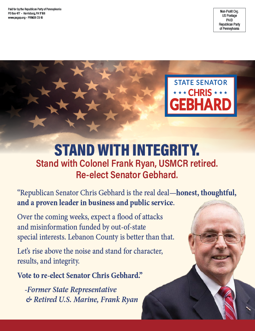 Campaign endorsement for State Senator Chris Gebhard by retired U.S. Marine Colonel Frank Ryan, featuring a portrait of a man in glasses and a suit with an American flag background.