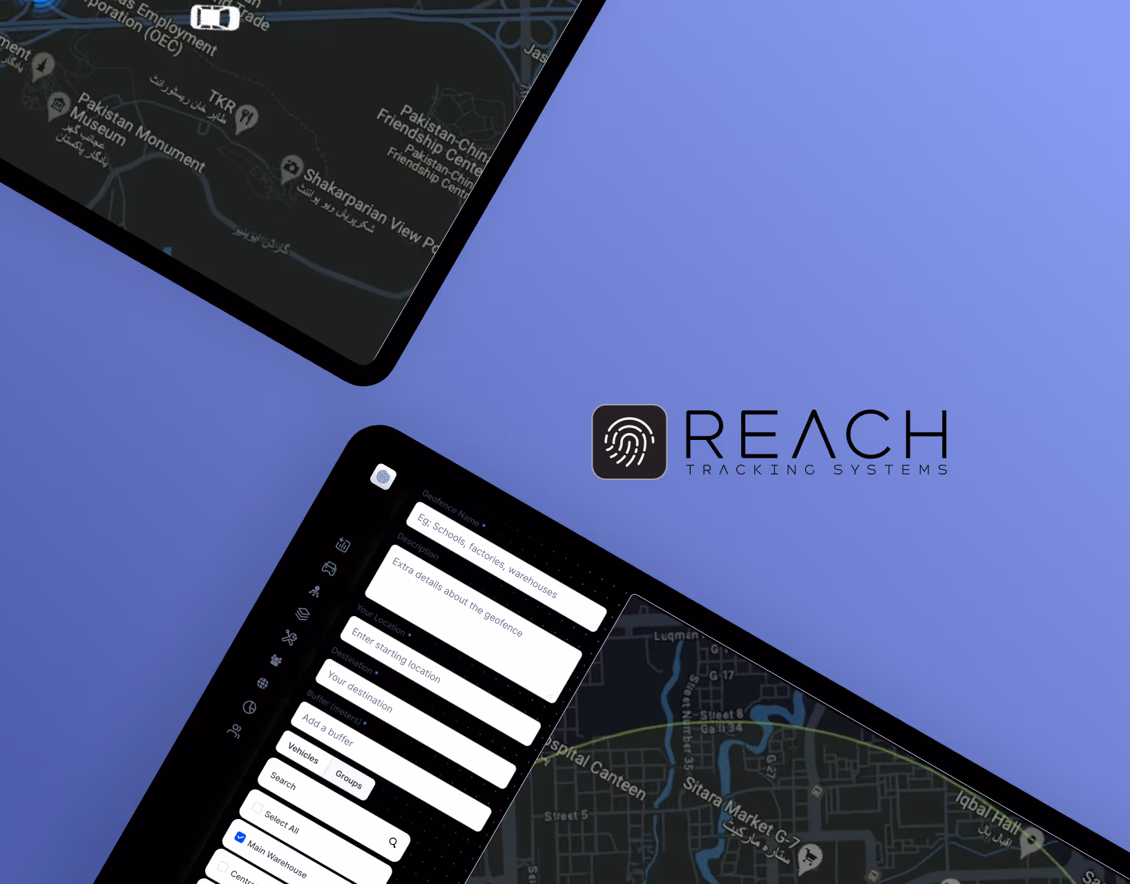 Two tablet screens showing map and geofence input fields with Reach Tracking Systems logo on a blue background.
