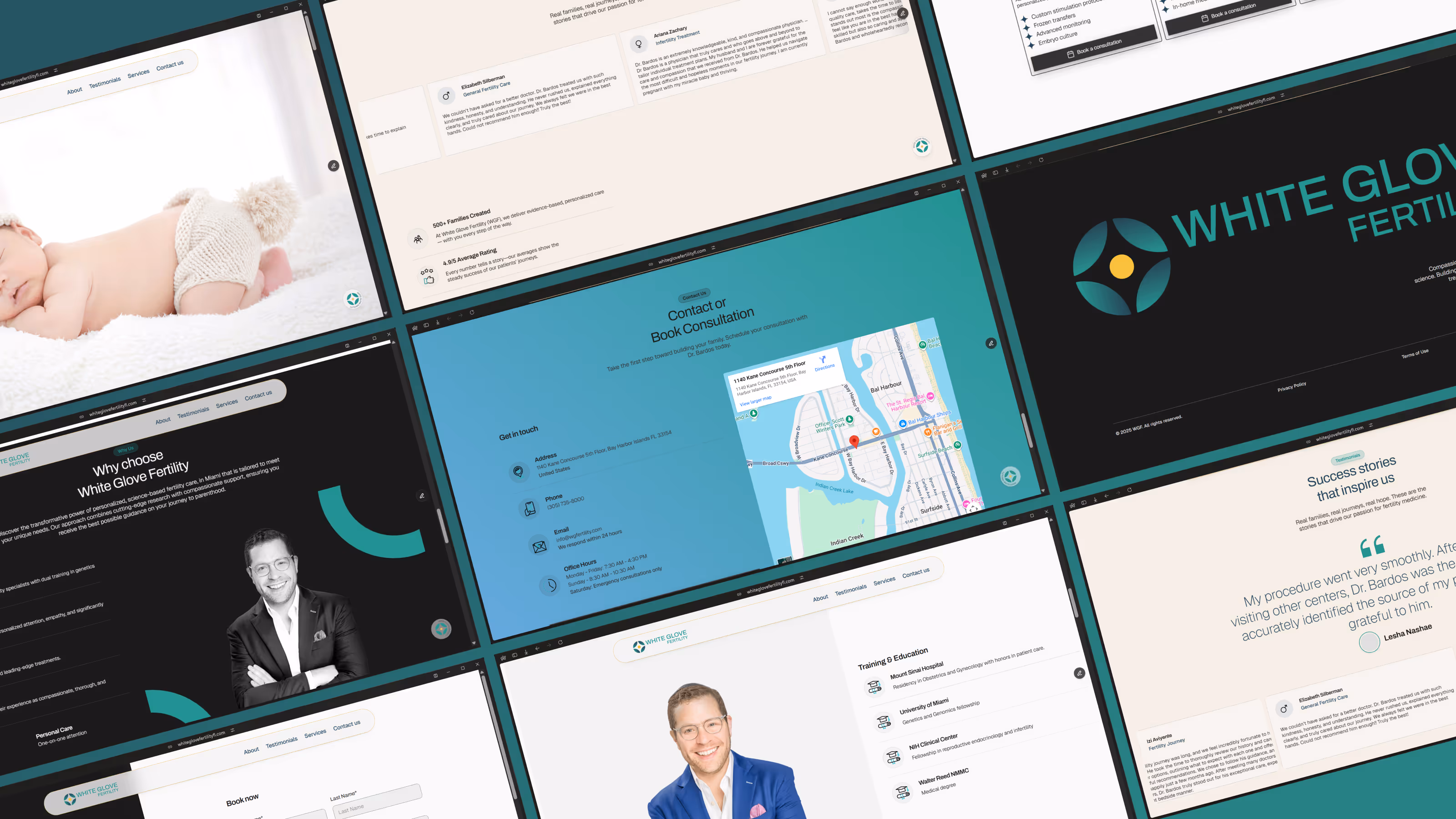 Collage of website screens showing White Glove Fertility branding, services, testimonials, contact information, and a baby photo.