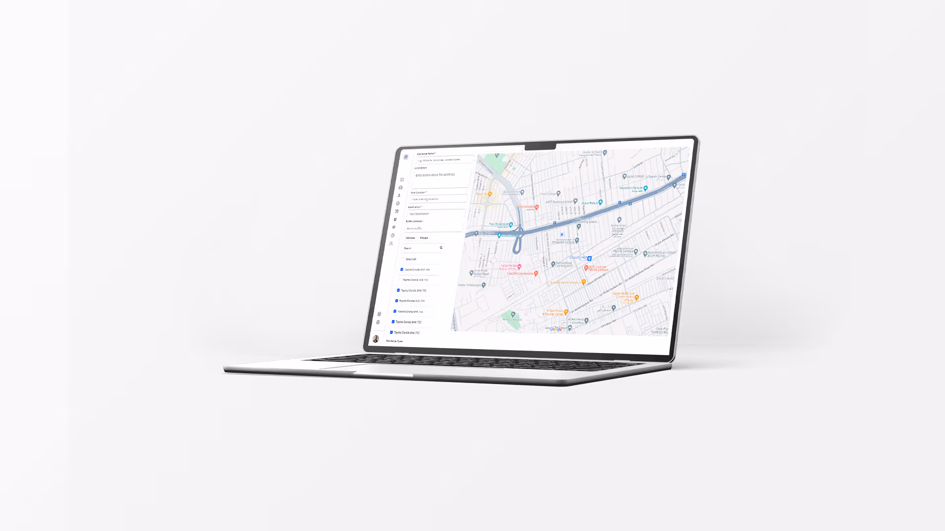 Open laptop with a map and route displayed on the screen against a white background.