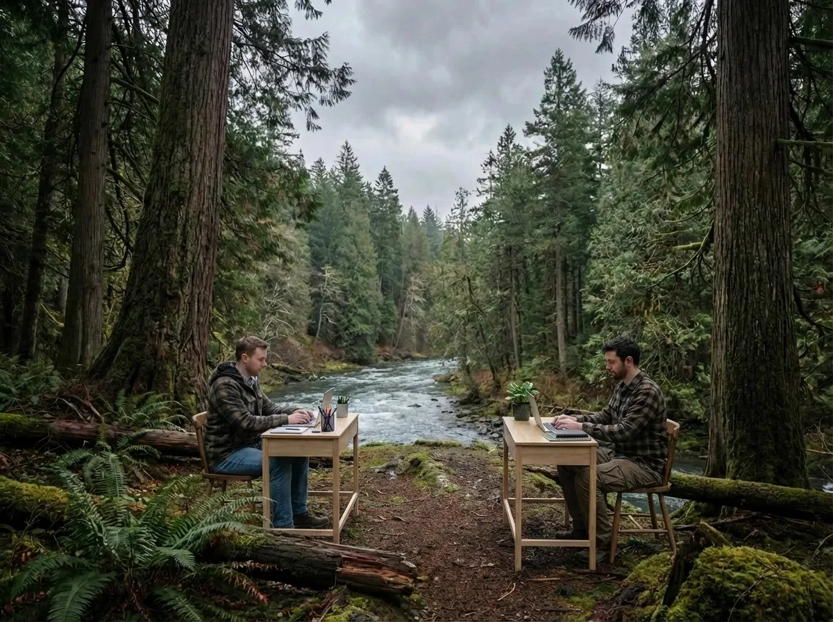 Team working in woodland space