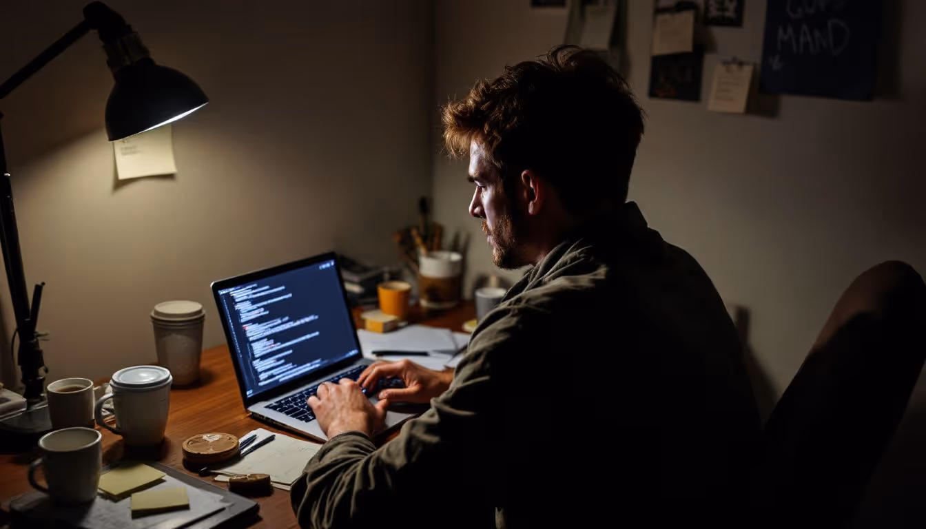 A person working on laptop at cluttered desk in dim light.