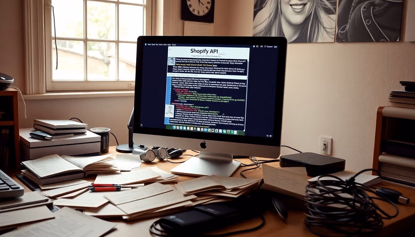 A cluttered desk with computer displaying Shopify API documentation and code snippets.