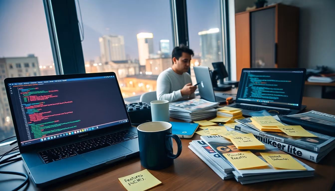 Cluttered home office desk with two open laptops and tech notes.