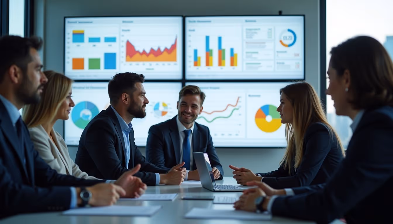 A diverse group of business professionals analyzing dashboard charts in a modern office conference room.
