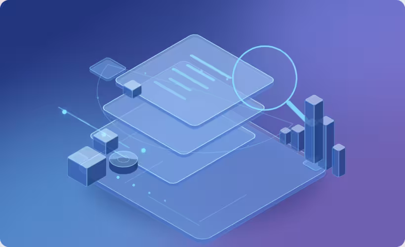 Isometric illustration of layered translucent code panels under a magnifying glass, with glass cubes and towers on a platform, representing a code audit