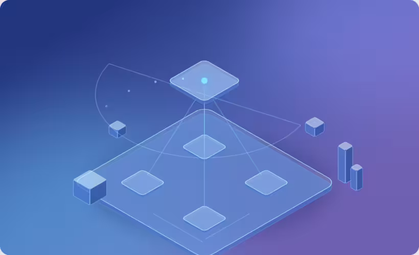Isometric illustration of an elevated translucent slab linked to four team slabs on a platform, representing technical leadership with a delivery team