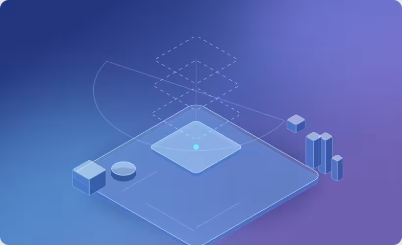 Isometric illustration of one solid slab with dashed outline layers above it, beside glass cubes and towers, representing a scoped MVP with deferred features