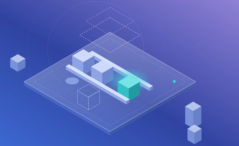 Isometric illustration of cubes moving along guide rails on a glass platform, with one dashed cube outside the rails