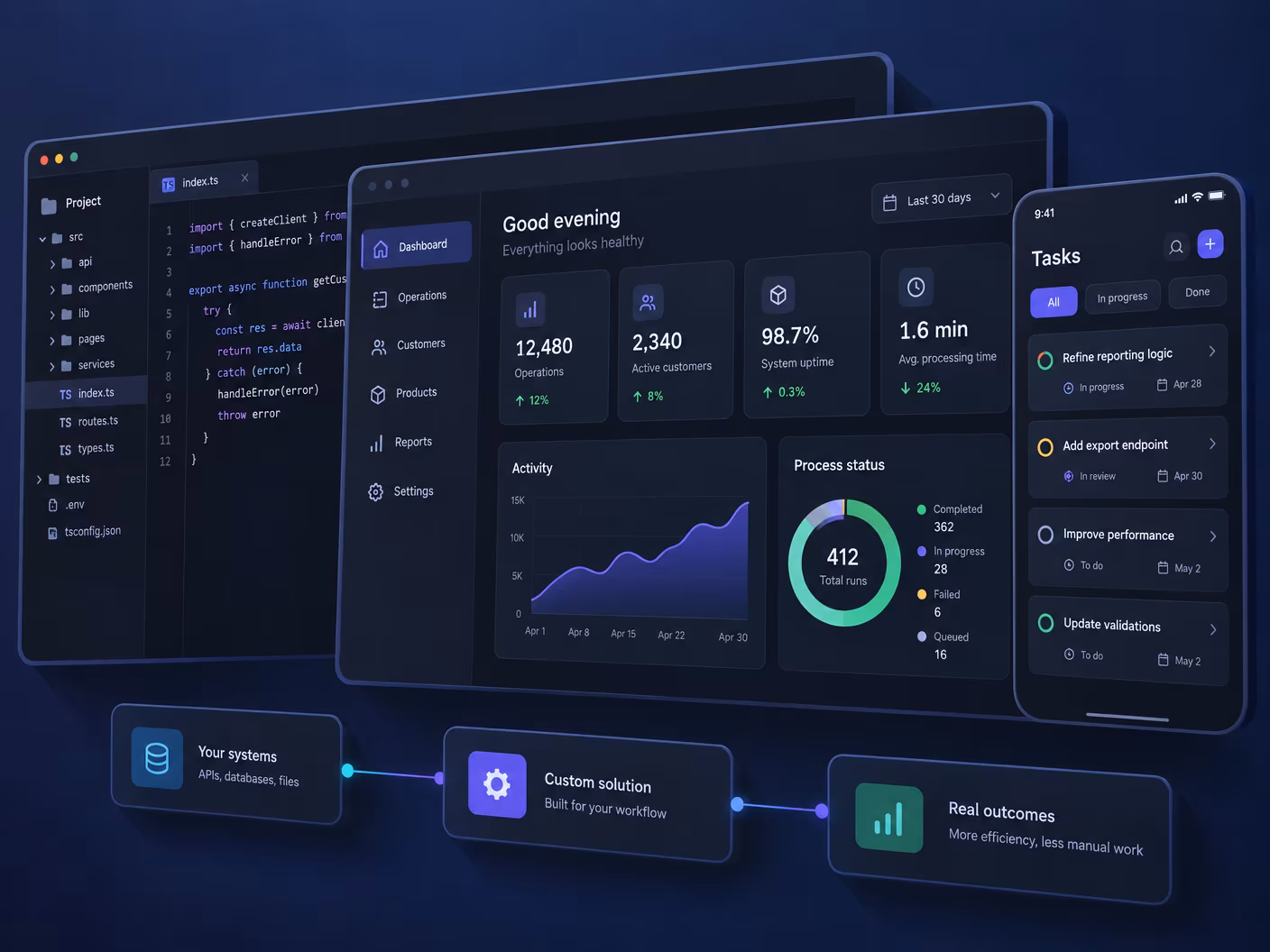 Isometric dark software panels and connected modules on a glowing platform, representing a purpose-built business system