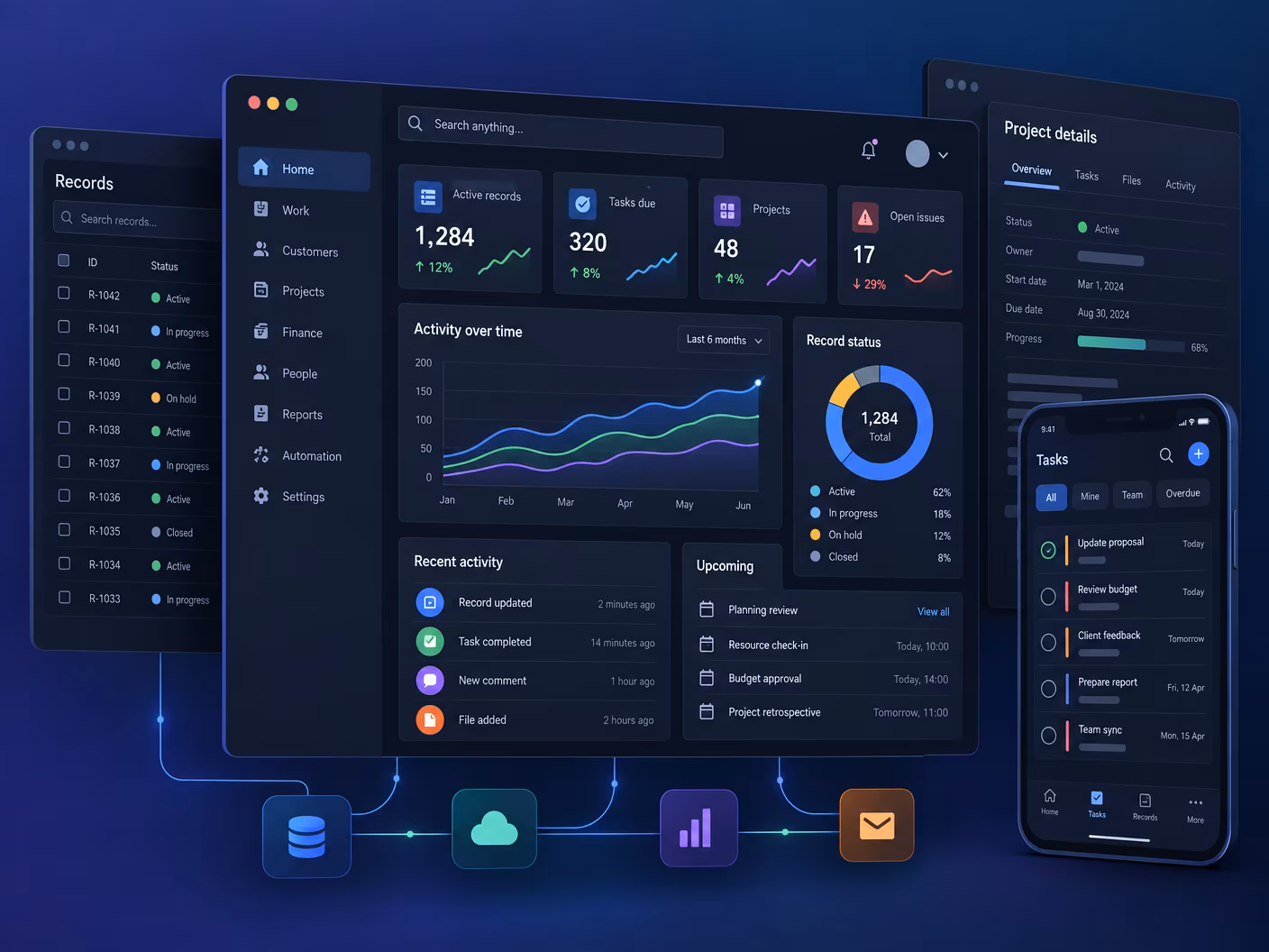 Dark enterprise dashboards with stat tiles, charts, a workflow diagram and a companion phone screen