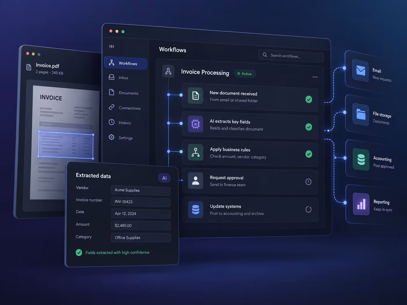 Isometric dark workflow scene with gears, connectors and automated steps linking documents to systems
