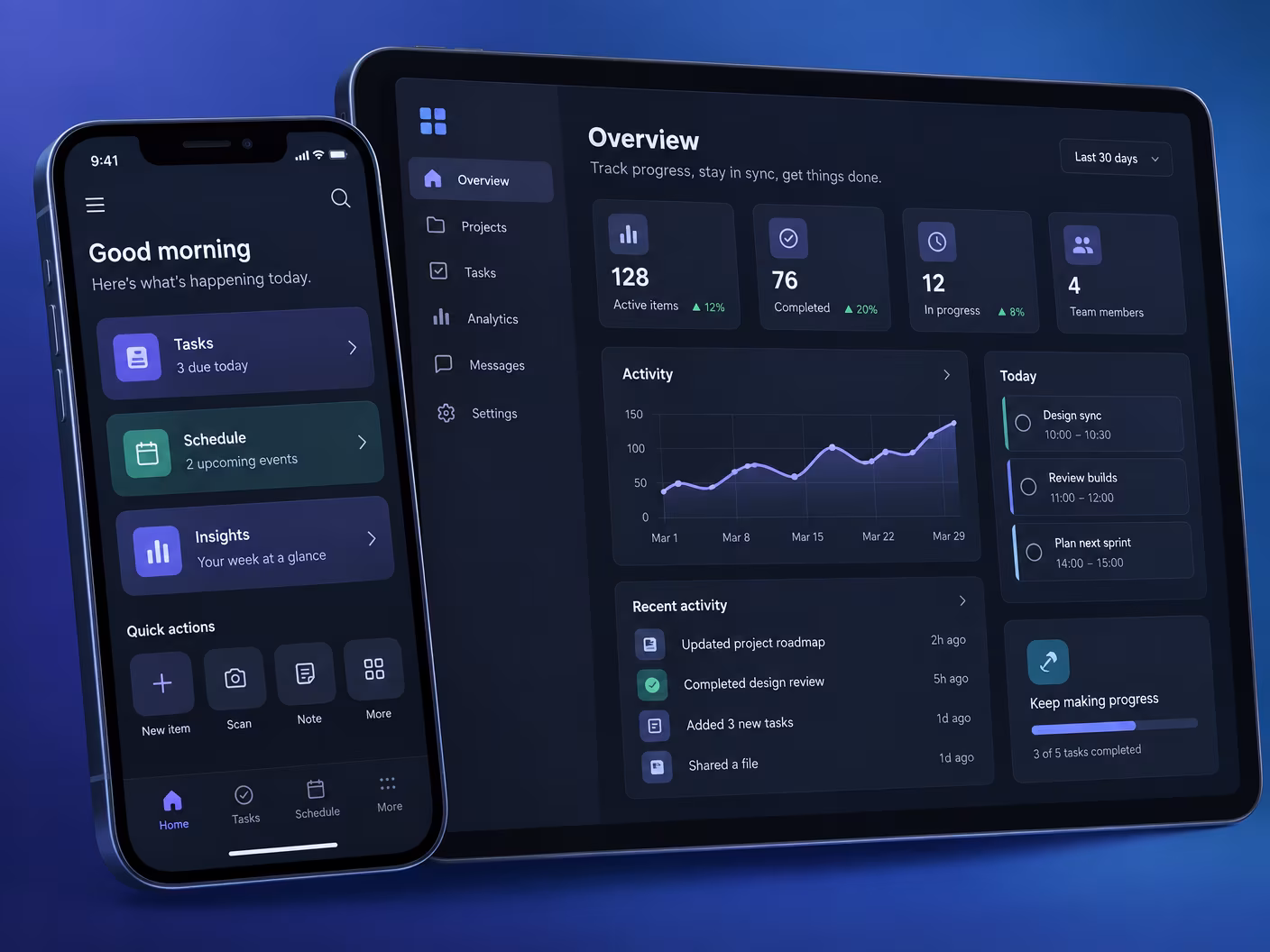 Dark phone and tablet screens of a mobile app: home screen with tasks and schedule beside a dashboard with charts and a usage gauge