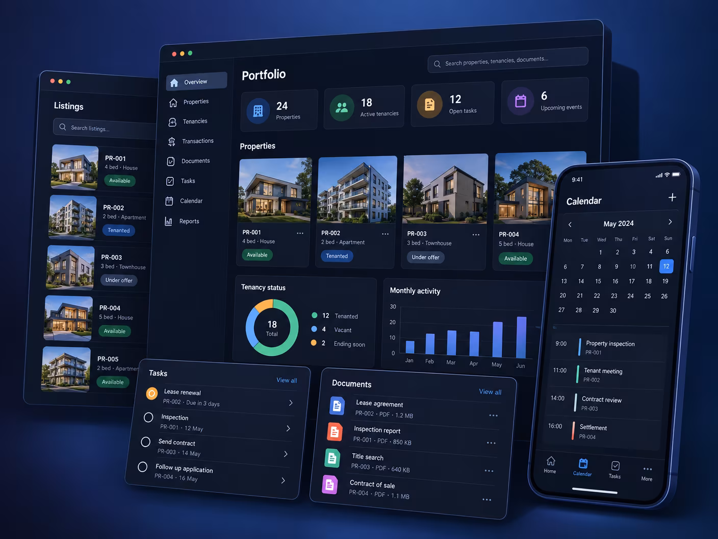 Dark property management platform with listings, tenancies, documents and a scheduling calendar