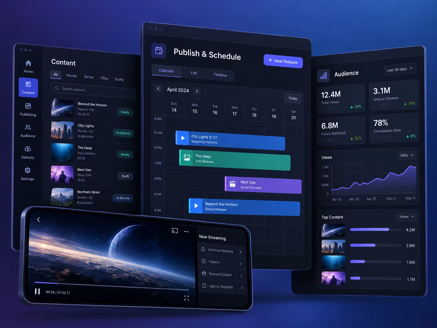 Dark content platform with a release schedule, audience insights by platform and a mobile viewing app