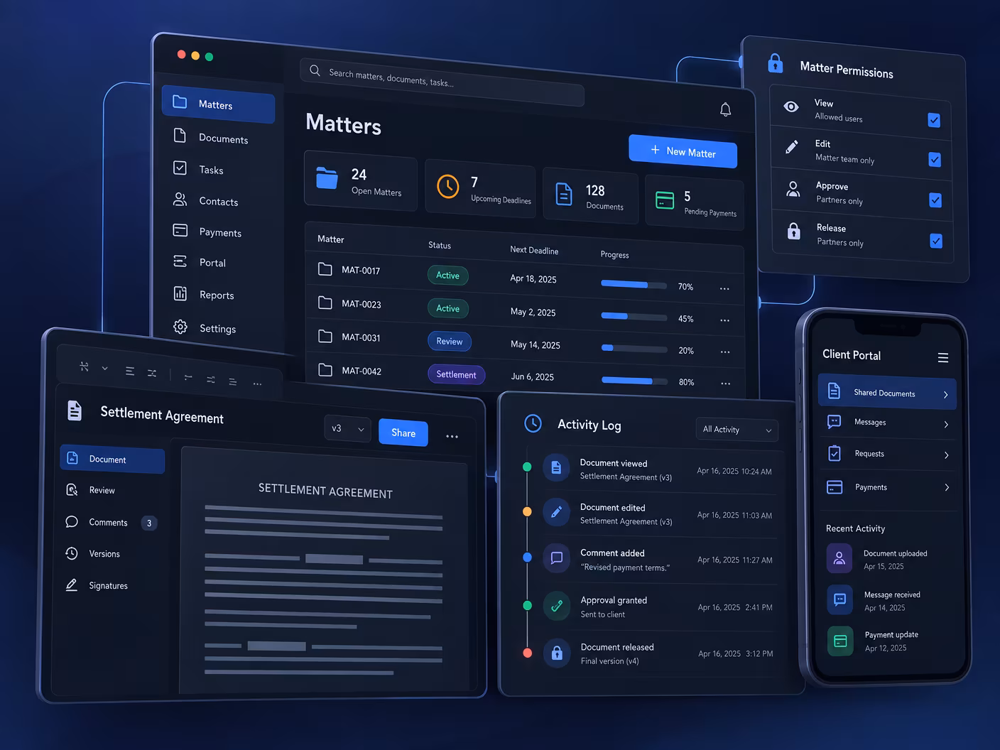 Dark legal matter management platform showing matters by reference number, a redacted settlement agreement, matter permissions, a client portal and a full activity log