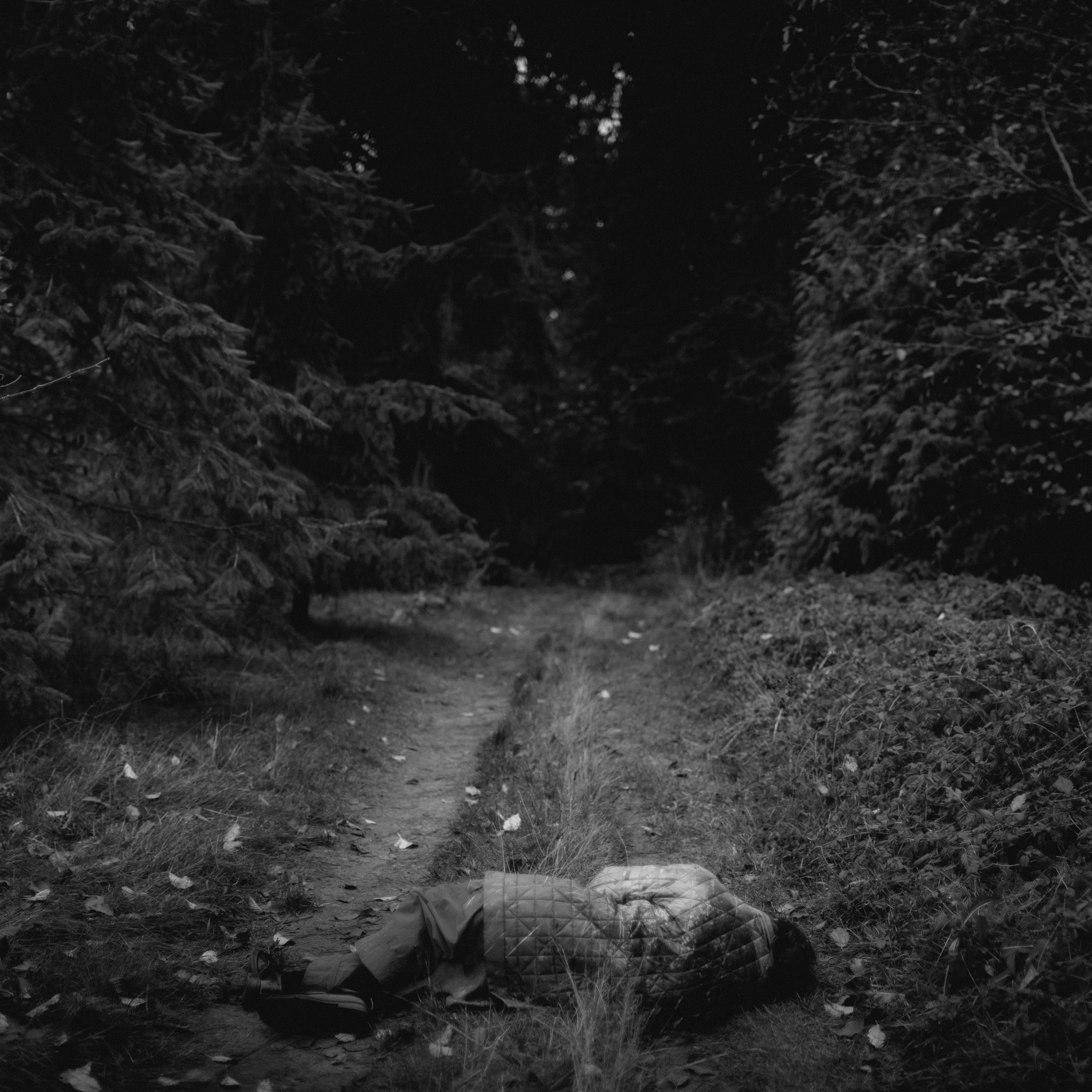 Person lying face down on a forest path surrounded by dense trees and foliage in low light.