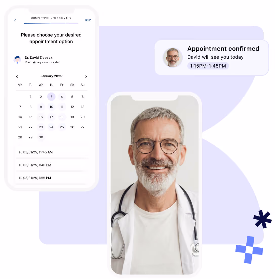 Mobile app interface showing appointment scheduling for Dr. David Zlotnick on January 3, 2025, and a confirmation message with a smiling male doctor wearing glasses and a stethoscope.