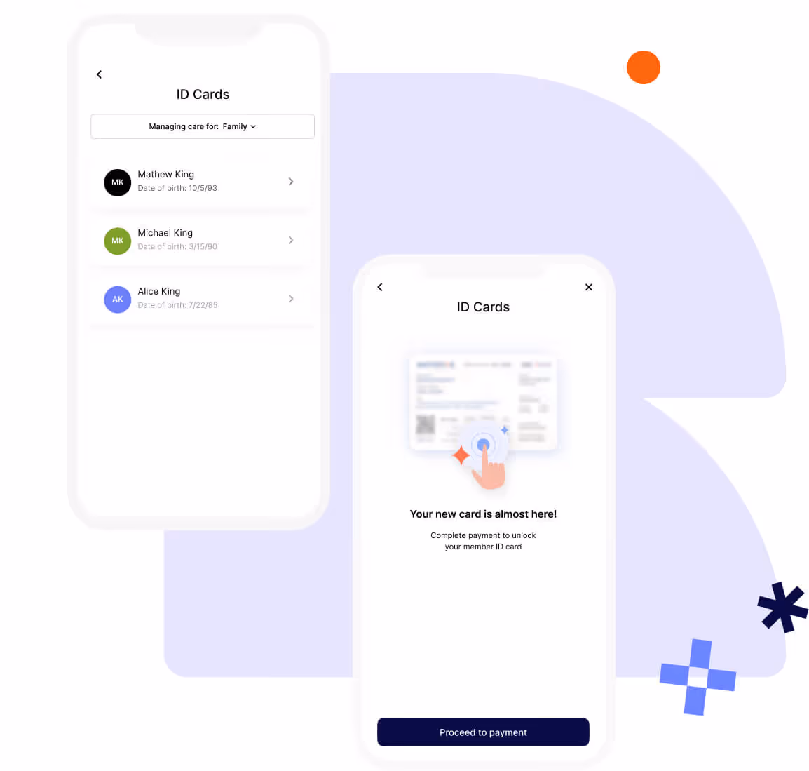 Mobile app interface showing a list of family members with their names and birthdates on the left screen, and a payment prompt to unlock a new member ID card on the right screen.
