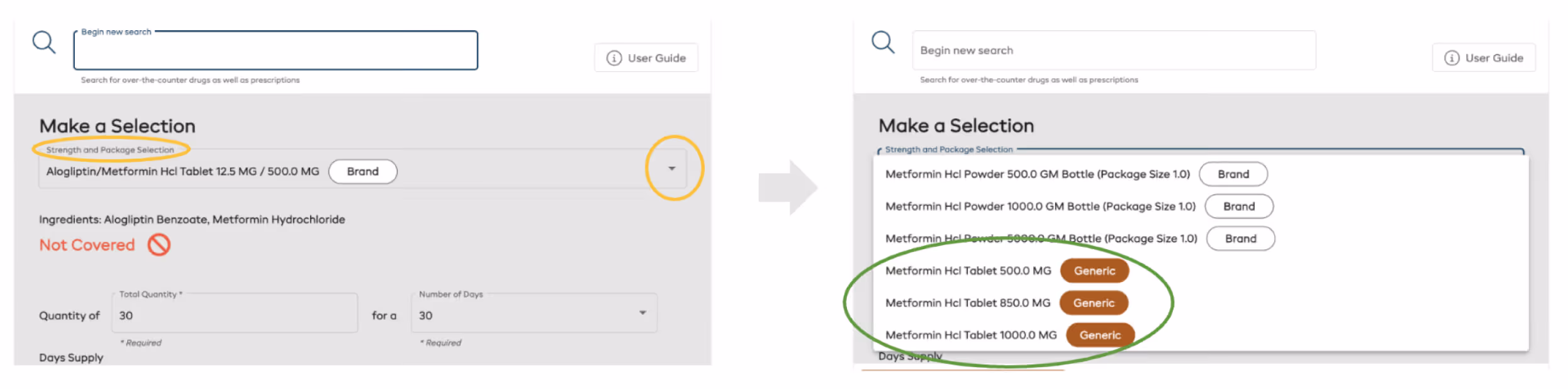 Two side-by-side screenshots of a medication selection interface showing a dropdown for strength and package selection; the left screen shows a collapsed dropdown with Alogliptin/Metformin Hcl Tablet selected, marked Not Covered, and the right screen shows an expanded dropdown with options for Metformin Hcl Tablet at 500 MG, 850 MG, and 1000 MG, labeled Generic.