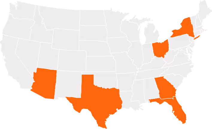 Map of the United States with Arizona, Texas, New York, Ohio, Georgia, and Florida highlighted in orange.