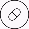 Black and white icon of a capsule pill inside a circle border.
