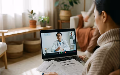 Person holding medical documents and consulting with a doctor on a laptop via video call in a cozy living room.