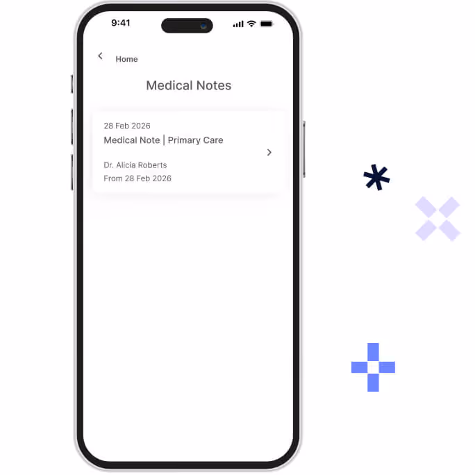 Mobile phone screen showing a medical notes app page with a note titled 'Medical Note | Primary Care' by Dr. Alicia Roberts dated 28 Feb 2026.