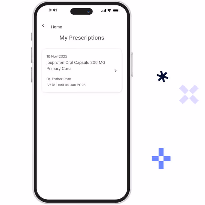 Smartphone screen showing a My Prescriptions app page with an Ibuprofen Oral Capsule 200 MG prescription from Dr. Esther Roth, valid until January 9, 2026.