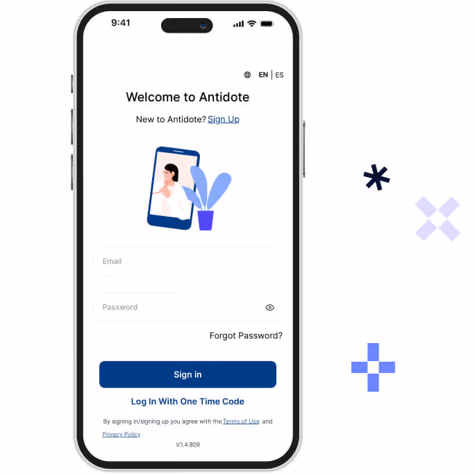 Mobile phone screen displaying the Antidote app login page with fields for email and password, and options to sign up, sign in, or log in with a one-time code.