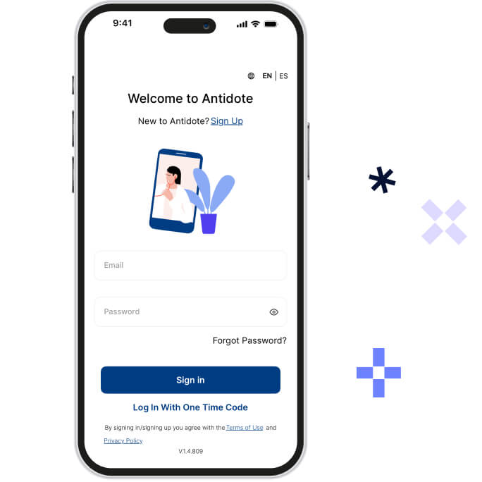 Mobile phone screen displaying the Antidote app login page with fields for email and password, and options to sign up, sign in, or log in with a one-time code.