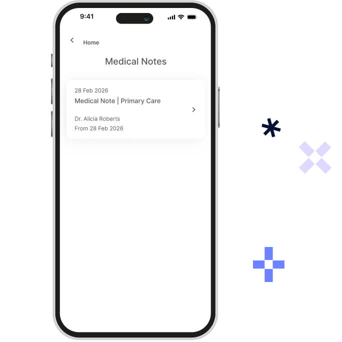 Smartphone screen showing a medical notes app with an entry titled 'Medical Note | Primary Care' by Dr. Alicia Roberts dated 28 Feb 2026.