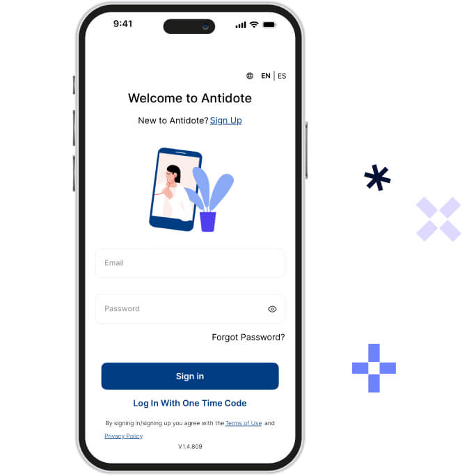 Smartphone screen showing Antidote app sign-in page with email, password fields, sign-in button, and option to log in with one-time code.